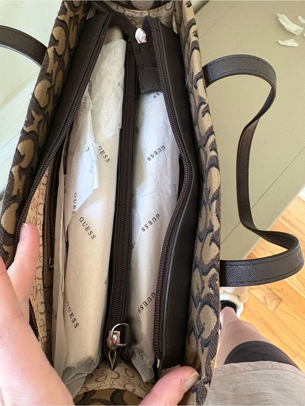 GUESS Brown Logo Jacquard Tote with Dark Brown Trim